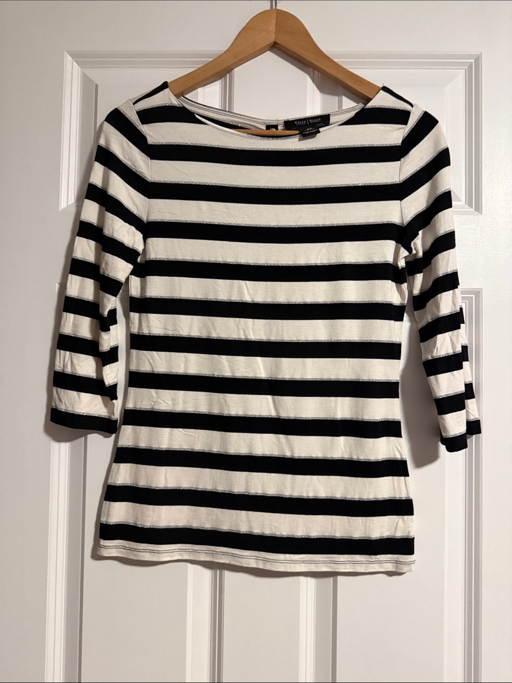 White House Black Market Black and White Striped Boatneck Long Sleeve Tee